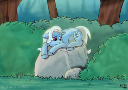 Size: 900x636 | Tagged: safe, artist:animatorwil, trixie, pony, unicorn, g4, female, forest, prone, rock, sad, signature, solo, the sad and depressive trixie