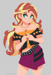 Size: 1076x1586 | Tagged: safe, artist:hirosi41, sunset shimmer, human, equestria girls, g4, my little pony equestria girls: better together, bare shoulders, beautiful, clothes, cute, cutie mark on clothes, ear piercing, female, geode of empathy, gray background, humanized, jacket, jewelry, leather, leather jacket, leather vest, magical geodes, moe, necklace, no pupils, piercing, shimmerbetes, signature, simple background, skirt, solo, vest