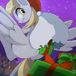 Size: 768x768 | Tagged: safe, artist:erufi, derpy hooves, pegasus, pony, g4, bag, christmas, female, hat, holiday, looking at you, looking back, looking back at you, mare, present, santa hat