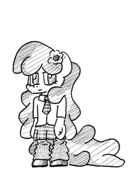 Size: 500x665 | Tagged: safe, artist:shoeunit, cheerilee, earth pony, pony, semi-anthro, g4, black and white, clothes, female, flower, flower in hair, grayscale, long mane, mare, monochrome, necktie, school uniform, simple background, solo, traditional art, white background