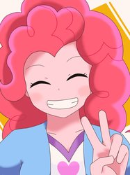 Size: 851x1135 | Tagged: safe, artist:erufi, pinkie pie, human, equestria girls, g4, abstract background, bust, cute, diapinkes, eyes closed, female, peace sign, smiling, solo