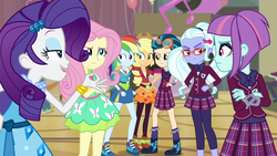 Size: 1280x720 | Tagged: safe, applejack, fluttershy, indigo zap, rainbow dash, rarity, sugarcoat, sunny flare, equestria girls, g4, my little pony equestria girls: friendship games, clothes, crystal prep academy uniform, glasses, plaid skirt, pleated skirt, school uniform, skirt