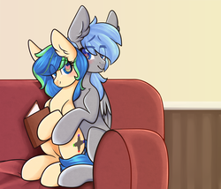 Size: 3500x3000 | Tagged: safe, artist:php172, oc, oc:ravebounce, oc:silver, earth pony, pegasus, pony, blushing, book, commission, couch, ear fluff, female, folded wings, high res, holding hooves, looking at each other, male, mare, reading, simple background, sitting, sitting on lap, smiling, stallion, wingding eyes