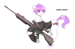Size: 1400x914 | Tagged: safe, artist:seamaggie, oc, pony, clothes, eye clipping through hair, female, gun, mare, rifle, simple background, sniper rifle, transparent mane, weapon, white background