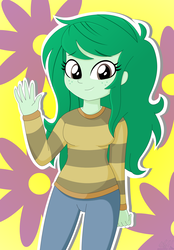 Size: 1367x1964 | Tagged: safe, artist:oshitsukiryuu, wallflower blush, equestria girls, equestria girls series, forgotten friendship, g4, clothes, female, freckles, jeans, pants, solo, sweater, waving