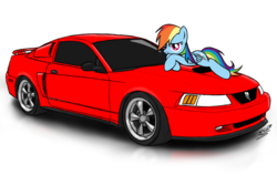 Size: 1024x686 | Tagged: safe, artist:dyani-yahto, rainbow dash, pegasus, pony, g4, car, female, ford, ford mustang, simple background, solo, white background