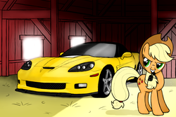 Size: 1024x686 | Tagged: safe, artist:dyani-yahto, applejack, g4, barn, car, car keys, chevrolet, chevrolet corvette, corvette c6, cowboy hat, female, hat, mouth hold, solo, stetson