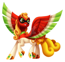 Size: 1600x1544 | Tagged: safe, artist:centchi, oc, oc only, oc:ho-oh, ho-oh, pegasus, poképony, pony, colored wings, commission, crossover, eyeshadow, female, makeup, mare, multicolored wings, pokémon, ponified, simple background, solo, spread wings, transparent background, watermark, wings