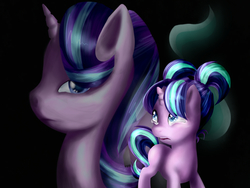 Size: 1024x768 | Tagged: safe, artist:karylon, starlight glimmer, pony, unicorn, g4, crying, female, filly, filly starlight glimmer, pigtails, solo, younger