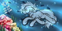 Size: 4500x2250 | Tagged: safe, artist:fkk, oc, oc only, fish, auction, commission, ocean, solo, underwater, water, ych example, your character here