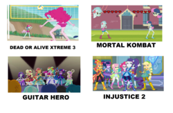 Size: 1024x670 | Tagged: safe, artist:brandonale, edit, edited screencap, screencap, applejack, bon bon, captain planet, flash sentry, fluttershy, lyra heartstrings, octavia melody, paisley, pinkie pie, rainbow dash, rarity, sci-twi, sunset shimmer, sweetie drops, twilight sparkle, valhallen, human, all's fair in love & friendship games, equestria girls, equestria girls series, forgotten friendship, g4, my little pony equestria girls: legend of everfree, super squad goals, boots, cowboy boots, crystal guardian, dead or alive, drums, guitar, guitar hero, high heel boots, humane five, humane seven, humane six, image macro, injustice 2, keytar, meme, mortal kombat, musical instrument, portrayed by equestria girls, rhythm game, shoes, tambourine, the rainbooms