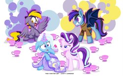 Size: 3760x2336 | Tagged: safe, artist:nanook123, starlight glimmer, teacup poodle, trixie, oc, bat pony, pegasus, pony, unicorn, g4, cup, glowing horn, high res, horn, magic, teacup, that pony sure does love teacups
