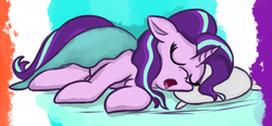 Size: 679x316 | Tagged: safe, artist:starlightglummer, starlight glimmer, pony, unicorn, g4, blanket, cropped, cute, female, glimmerbetes, lying down, open mouth, pillow, sleeping, solo
