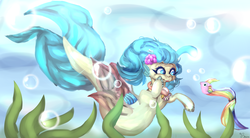 Size: 2992x1654 | Tagged: safe, artist:stellahiyoko, screencap, princess skystar, fish, seapony (g4), g4, my little pony: the movie, air bubble, bioluminescent, blue eyes, blushing, bubble, clothes, coral, cute, digital art, dorsal fin, female, fin, fin wings, fins, fish tail, floppy ears, flower, flower in hair, flowing mane, flowing tail, freckles, glowing, happy, jewelry, necklace, ocean, open mouth, pearl necklace, seashell, seaweed, signature, skyabetes, smiling, solo, swimming, tail, underwater, water, wings