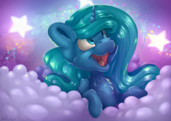 Size: 7016x4961 | Tagged: safe, artist:cutepencilcase, oc, oc only, pony, unicorn, absurd resolution, cloud, excited, open mouth, solo, stars