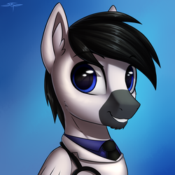 Size: 3000x3000 | Tagged: safe, artist:setharu, oc, oc only, pegasus, pony, beard, blue background, bust, clothes, ear fluff, facial hair, grin, high res, male, necktie, portrait, simple background, smiling, solo, stallion