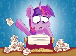 Size: 2048x1511 | Tagged: safe, artist:trish forstner, twilight sparkle, pony, g4, cute, female, mare, paper, question mark, solo, typewriter, writer's block