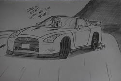 Size: 1936x1296 | Tagged: safe, artist:ricky47, rainbow dash, pegasus, pony, g4, car, crossover, drift, drifting, driving, female, mare, monochrome, nissan, nissan gt-r, road, sketch, solo, supercar, top gear, traditional art