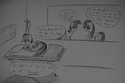 Size: 1936x1296 | Tagged: safe, artist:ricky47, rainbow dash, rarity, twilight sparkle, pegasus, pony, unicorn, g4, bandage, crossover, fetal position, frown, horrified, hospital, injured, injured wing, monochrome, prone, scaredy dash, sketch, speech bubble, stretcher, top gear, traditional art