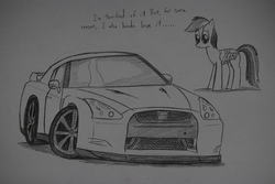 Size: 1936x1296 | Tagged: safe, artist:ricky47, rainbow dash, pegasus, pony, g4, bandage, car, crossover, female, injured wing, monochrome, nissan, nissan gt-r, simple background, sketch, solo, supercar, top gear, traditional art