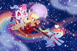 Size: 1800x1200 | Tagged: safe, artist:trish forstner, applejack, pinkie pie, rainbow dash, rarity, earth pony, pegasus, pony, unicorn, g4, applejack's hat, bells, christmas, cowboy hat, female, flying, hat, holiday, it's a pony kind of christmas, jingle bells, mare, moon, rainbow, rainbow trail, santa hat, screaming, sleeping, sleigh, snow, snowfall