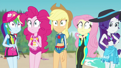 Size: 1920x1080 | Tagged: safe, screencap, applejack, fluttershy, pinkie pie, rainbow dash, rarity, human, equestria girls, equestria girls specials, g4, my little pony equestria girls: better together, my little pony equestria girls: forgotten friendship, applejack's beach shorts swimsuit, applejack's hat, butterfly hairpin, clothes, cowboy hat, female, fluttershy's wetsuit, geode of fauna, geode of shielding, geode of sugar bombs, geode of super speed, geode of super strength, hat, humane five, magical geodes, one-piece swimsuit, pinkie pie swimsuit, rainbow dash's beach shorts swimsuit, rarity's blue sarong, rarity's purple bikini, surprised, swimsuit, wetsuit