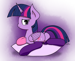 Size: 1732x1390 | Tagged: safe, artist:php142, twilight sparkle, alicorn, pony, g4, butt, clothes, cute, female, heart eyes, looking at you, looking back, mare, pillow, plot, rear view, sitting, socks, solo, twilight sparkle (alicorn), wingding eyes