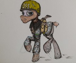 Size: 1280x1053 | Tagged: safe, artist:incrediblepanzer, oc, oc only, earth pony, pony, balaclava, camouflage, clothes, gun, helmet, lidded eyes, male, military, military uniform, rifle, simple background, solo, stallion, torn clothes, traditional art, weapon, white background