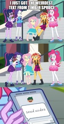 Size: 500x959 | Tagged: safe, fluttershy, pinkie pie, rarity, sunset shimmer, timber spruce, twilight sparkle, equestria girls, g4, my little pony equestria girls: better together, text support, geode of empathy, geode of fauna, geode of shielding, geode of sugar bombs, geode of telekinesis, image macro, magical geodes, meme, send nudes, text