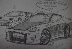 Size: 1892x1276 | Tagged: safe, artist:ricky47, fluttershy, pony, g4, angry, car, crossover, driving, lamborghini, lamborghini diablo, lamborghini diablo sv, monochrome, need for speed, need for speed: hot pursuit, police, police car, porsche, porsche panamera, sketch, speech bubble, sweatdrop, traditional art