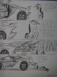 Size: 1256x1692 | Tagged: safe, artist:ricky47, rainbow dash, twilight sparkle, pegasus, pony, g4, backfire, car, comic, crossover, eyes closed, fire, hypercar, lamborghini, lamborghini sesto elemento, monochrome, need for speed, need for speed: hot pursuit, police, police car, sketch, smoke, speech bubble, supercar, traditional art, twilight sparkle is not amused, unamused