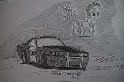 Size: 1936x1296 | Tagged: safe, artist:ricky47, applejack, earth pony, pony, g4, apple, bumper sticker, car, cowboy hat, crossover, dodge (car), dodge challenger, dodge challenger srt8, drifting, female, food, freckles, hat, monochrome, need for speed, need for speed: hot pursuit, police, police car, sheriff, sheriffjack, sketch, solo, stetson, traditional art