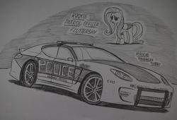 Size: 1909x1296 | Tagged: safe, artist:ricky47, fluttershy, butterfly, pegasus, pony, g4, car, crossover, female, monochrome, need for speed, need for speed: hot pursuit, police, police car, police officer, porsche, porsche panamera, sketch, solo, traditional art