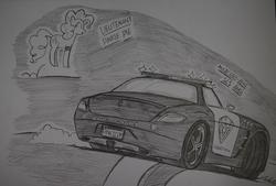 Size: 1921x1296 | Tagged: safe, artist:ricky47, pinkie pie, earth pony, pony, g4, balloon, bouncing, car, crossover, drifting, female, license plate, lieutenant, mercedes-benz, mercedes-benz sls amg, monochrome, need for speed, need for speed: hot pursuit, police, police car, sketch, solo, traditional art