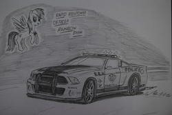 Size: 1936x1296 | Tagged: safe, artist:ricky47, rainbow dash, pegasus, pony, g4, car, crossover, female, ford, ford mustang, monochrome, need for speed, need for speed: hot pursuit, police, police car, police officer, shelby, shelby gt500 mustang, shelby gt500 super snake, sketch, solo, supercar, traditional art