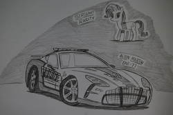 Size: 1936x1296 | Tagged: safe, artist:ricky47, rarity, pony, unicorn, g4, aston martin, aston martin one 77, car, crossover, diamond, female, monochrome, need for speed, need for speed: hot pursuit, police, police car, sergeant, solo, supercar, traditional art