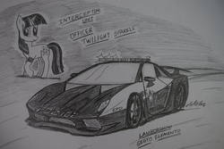 Size: 1936x1296 | Tagged: safe, artist:ricky47, twilight sparkle, pony, unicorn, g4, car, crossover, female, hypercar, lamborghini, lamborghini sesto elemento, monochrome, need for speed, need for speed: hot pursuit, police, police car, police officer, sketch, solo, supercar, traditional art
