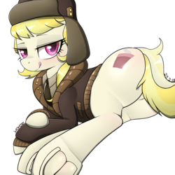 Size: 2272x2272 | Tagged: safe, artist:yorozpony, march gustysnows, earth pony, pony, g4, bedroom eyes, bottomless, butt, clothes, coat, female, frog (hoof), hat, high res, licking, licking lips, looking at you, looking back, mare, partial nudity, plot, simple background, solo, strategically covered, tail censor, tongue out, underhoof