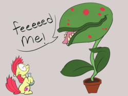 Size: 4000x3000 | Tagged: safe, artist:veesocks, apple bloom, earth pony, pony, g4, 30 minute art challenge, audrey 2, carnivorous plant, feed me, feed me seymour, female, filly, little shop of horrors, potion, reference, scared, simple background, whoops