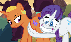 Size: 1290x770 | Tagged: safe, artist:ktd1993, rarity, saffron masala, pony, unicorn, g4, shadow play, base used, butt touch, butthug, faceful of ass, female, hug, lesbian, out of context, pinkie hugging applejack's butt, raffron, shipping