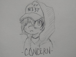 Size: 4160x3120 | Tagged: safe, artist:shpace, oc, oc only, oc:floor bored, earth pony, pony, 4chan, bags under eyes, baseball cap, bust, cap, clothes, concern, concerned, drawthread, frown, hat, hoodie, looking up, monochrome, neet, reaction image, solo, top gun hat, top neet, traditional art