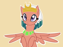 Size: 1812x1332 | Tagged: safe, artist:camo-pony, derpibooru exclusive, somnambula, pegasus, pony, g4, :<, bust, female, glowpaz, headdress, mare, simple background, solo, spread wings, white outline, wings, yellow background