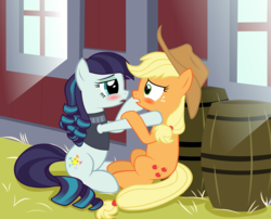 Size: 3322x2682 | Tagged: safe, artist:oshitsukiryuu, applejack, coloratura, earth pony, pony, g4, barn, barrel, blushing, bottomless, clothes, cowboy hat, duo, female, hat, hay, high res, imminent kissing, lesbian, looking at each other, mare, open mouth, partial nudity, rara, ship:rarajack, shipping, stetson, window