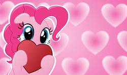 Size: 1355x804 | Tagged: safe, artist:oshitsukiryuu, pinkie pie, earth pony, pony, g4, cute, diapinkes, female, floppy ears, heart, heart background, hearts and hooves day, holding, holiday, looking at you, mare, solo, valentine's day
