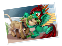 Size: 1600x1183 | Tagged: safe, artist:centchi, oc, oc only, oc:petrichor, oc:slipstream, earth pony, pegasus, pony, bell, bell collar, collar, colored wings, female, mare, multicolored wings, noogie, simple background, transparent background, unshorn fetlocks, watermark