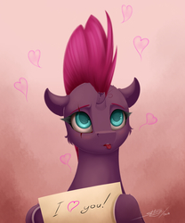 Size: 2500x3000 | Tagged: safe, artist:skitsroom, tempest shadow, pony, unicorn, g4, my little pony: the movie, :p, broken horn, eye scar, female, heart, high res, horn, mare, scar, sign, silly, solo, tongue out