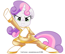 Size: 1445x1200 | Tagged: safe, artist:nanook123, sweetie belle, pony, unicorn, g4, chouriki sentai ohranger, clothes, cute, female, filly, looking at you, pose, power rangers, power rangers zeo, simple background, solo, super sentai, white background, yellow ranger
