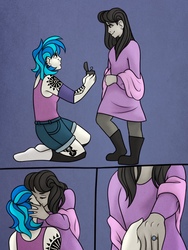 Size: 1536x2048 | Tagged: safe, artist:incendiarymoth, dj pon-3, octavia melody, vinyl scratch, equestria girls, g4, blue background, boots, clothes, comic, commission, cute, ear piercing, earring, elbow pads, eyes closed, female, heartwarming, jewelry, kissing, leggings, lesbian, marriage proposal, nose piercing, offscreen character, piercing, pov, ring, romantic, scarf, ship:scratchtavia, shipping, shoes, shorts, simple background, socks, stockings, tank top, tattoo, tavibetes, thigh highs, vinylbetes
