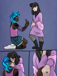 Size: 1536x2048 | Tagged: safe, alternate version, artist:incendiarymoth, dj pon-3, octavia melody, vinyl scratch, human, g4, blue background, boots, clothes, comic, commission, cute, dark skin, ear piercing, earring, elbow pads, eyes closed, female, heartwarming, humanized, jewelry, kissing, leggings, lesbian, marriage proposal, nose piercing, offscreen character, piercing, pov, racism in the comments, ring, romantic, scarf, ship:scratchtavia, shipping, shoes, shorts, simple background, socks, stockings, tank top, tattoo, tavibetes, thigh highs, vinylbetes