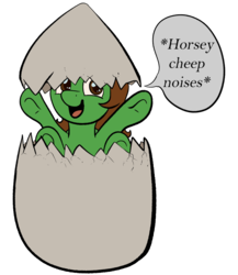 Size: 889x1022 | Tagged: safe, artist:chrisgotjar, oc, oc only, oc:chrisgotjar, descriptive noise, dialogue, egg, flat colors, hatching, simple background, solo, speech bubble, transparent background, underhoof